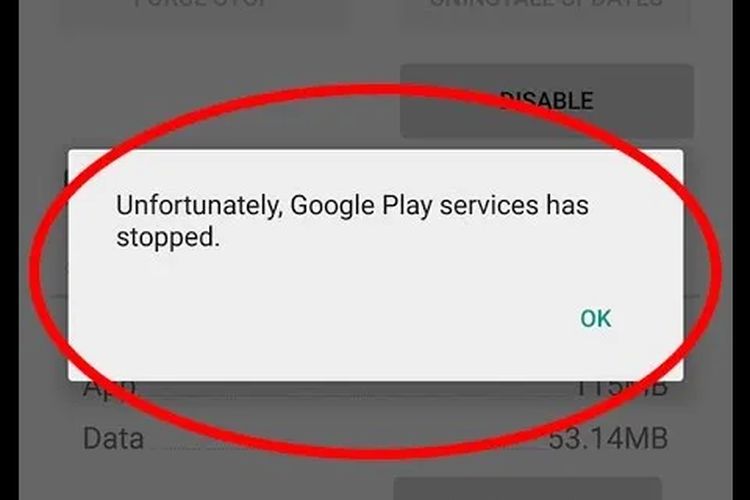 Notifikasi yang menandakan layanan Google Play terhenti.