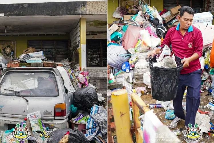 Operasi pembersihan timbunan sampah di rumah wanita lansia berusia 60-an tahun di Jalan Merpati, Taman Ipoh, negara bagian Perak, Malaysia, Senin (25/9/2023).