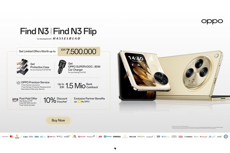 Oppo Find N3 resmi meluncur di Indonesia dengan harga Rp 29.999.000 dan Oppo Find N3 Flip dijual seharga Rp 15.999.000.