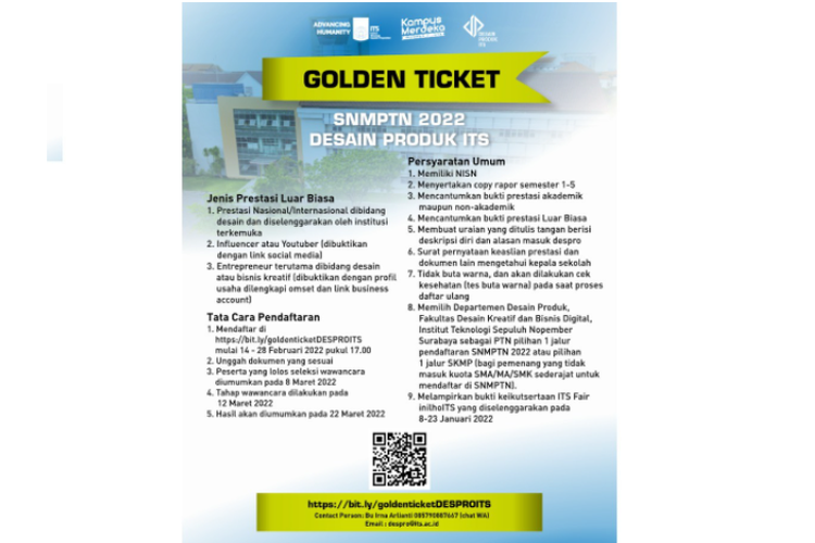 Institut Teknologi Sepuluh Nopember (ITS) membuka Golden Ticket Desain Produk Industri ITS tahun 2022.