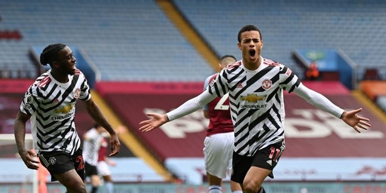 Mason Greenwood merayakan golnya dalam pertandingan Aston Villa vs Man United di Stadion Villa Park, Minggu (9/5/2021). 