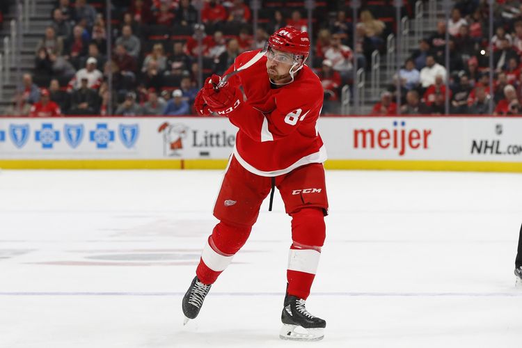 Jake Chelios pemain bertahan Detroit Red Wings saat melawan New Jersey Devils di putaran kedua pertandingan hoki NHL di Detroit pada 29 Maret 2019.