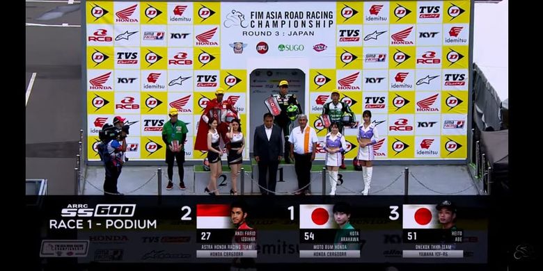 Pebalap Indonesia yang berada di bawah binaan PT Astra Honda Motor (AHM), Andi Farid Izdihar (Andi Gilang), berhasil mengibarkan bendera merah putih pada seri ketiga Asia Road Racing Championship (ARRC) 2022 di Sugo International Racing Course, Jepang, Sabtu (13/8/2022).
