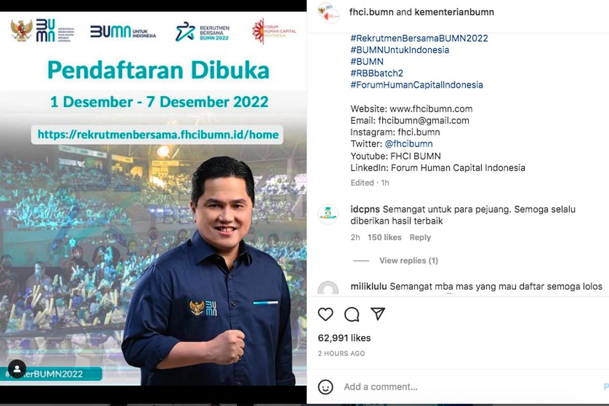 Tangkapan layar pengumuman pembukaan pendaftaran rekrutmen bersama BUMN 2022 Batch 2