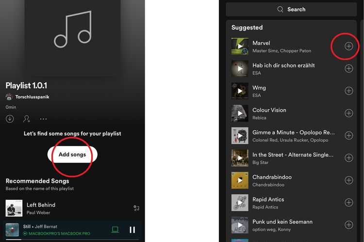 Ilustrasi cara menambahkan lagu di playlist Spotify