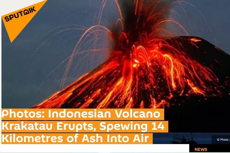 Tangkapan layar pemberitaan erupsi Gunung Anak Krakatau dari Sputnik News, Sabtu (11/4/2020).