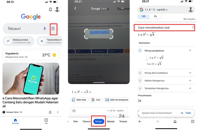 Ilustrasi cara mencari jawaban matematika di Google dengan Google Lens.