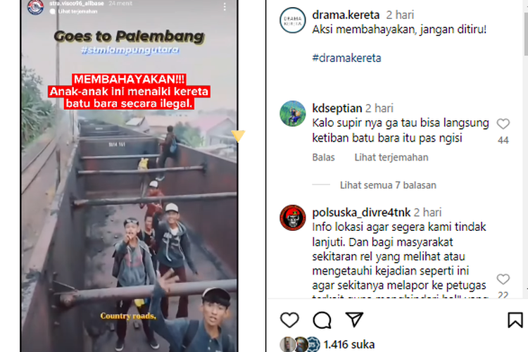 Tangkapan layar unggahan video yang memperlihatkan sejumlah siswa sekolah menaiki gerbong kereta batu bara.