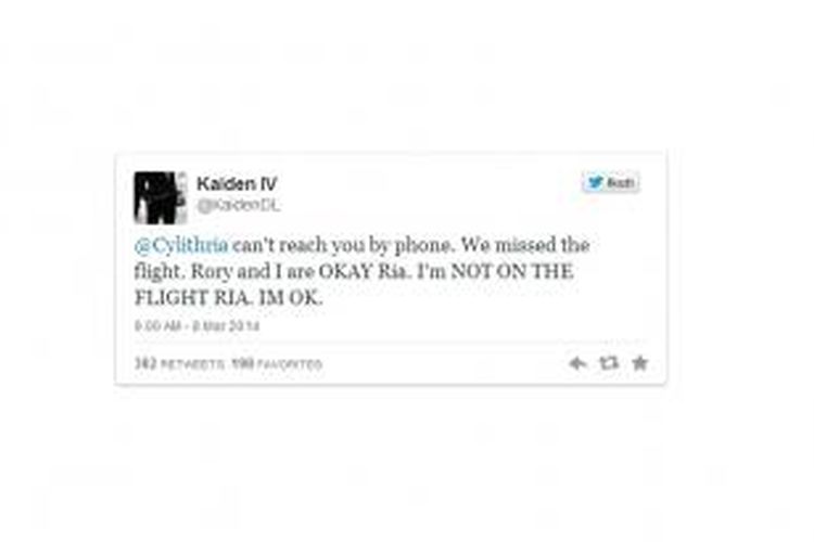 Tweet dari Kaiden yang memastikan kalau dia tidak jadi terbang dengan pesawat Malaysia Airlines MH370.