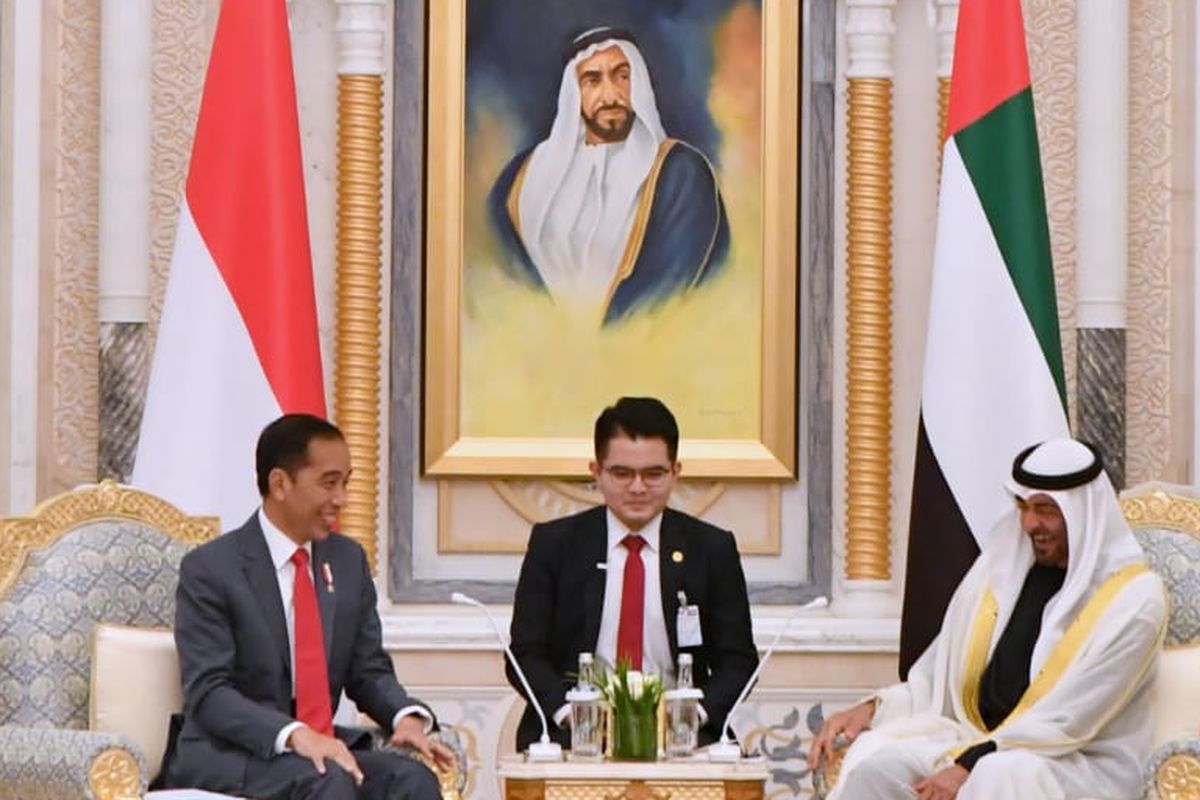 President Joko Widodo (left) holds a bilateral meeting with Sheikh Mohammed bin Zayed Al Nahyan (right), crown prince of Abu Dhabi and deputy supreme commander of the UAE Armed Forces in Qasr Al Watan in Abu Dhabi on January 12, 2020. 