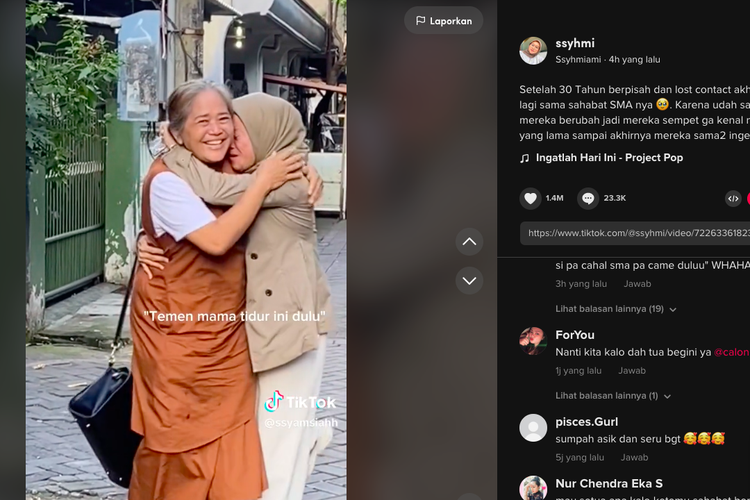 Tangkapan layar video TikTok dua sahabat saat SMA yang berpisah 30 tahun bertemu lagi. Videonya viral