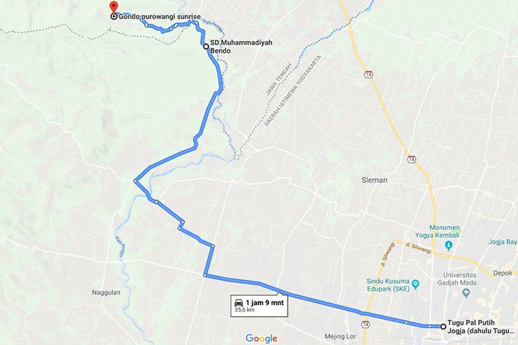 Rute menuju Bukit Gondopurowangi dari Kota Yogyakarta menurut Google Maps (22/07/2019).