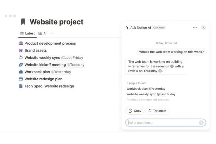 Asisten AI Q&A di Notion bisa menjawab pertanyaan dan menemukan informasi dalam kumpulan file, folder, dan lampiran. 