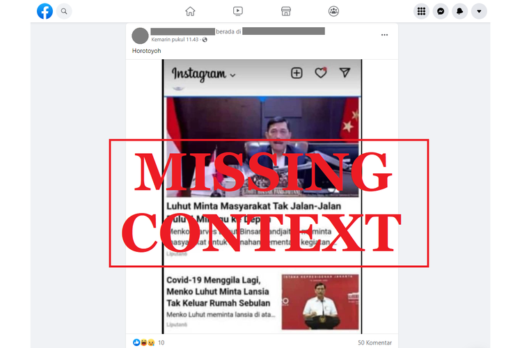 Tangkapan layar unggahan missing context di sebuah akun Facebook, Senin (13/5/2022), soal Menko Luhut yang meminta masyarakat tidak jalan-jalan dan lansia tidak keluar rumah sebulan.