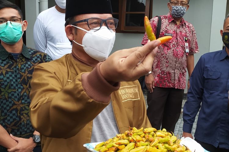 Bupati Banyumas Achmad Husein menunjukkan cabai rawit yang diduga dicat di kompleks Pendapa Sipanji Purwokerto, Kabupaten Banyumas, Jawa Tengah, Rabu (30/12/2020).