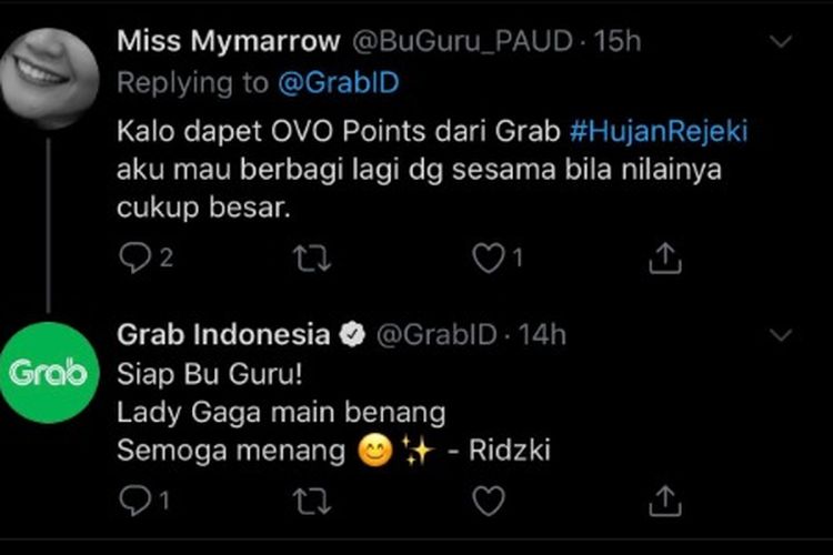 Tangkapan layar berisikan interakasi President of Grab Indonesia Ridzki Kramadibrata saat berbalas tweet dengan pelanggan pada akun Twitter Grab Indonesia. 