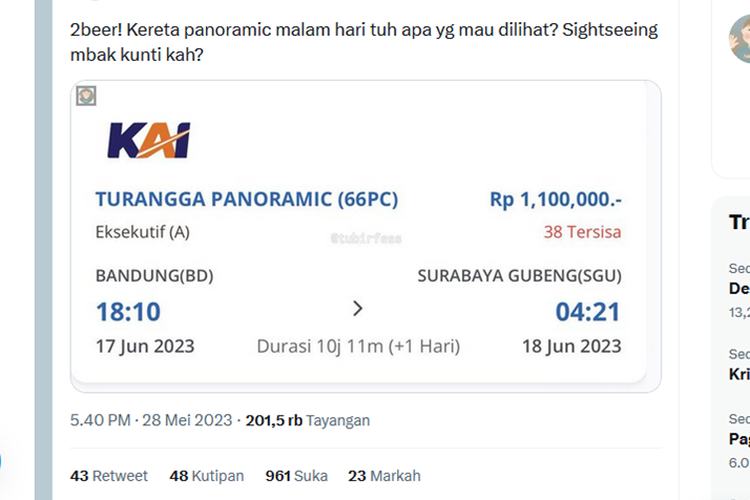 Tangkapan layar unggahan yang mempertanyakan apa yang ingin dilihat untuk kereta api (KA) Turangga Panoramic jika perjanannya pada malam hari