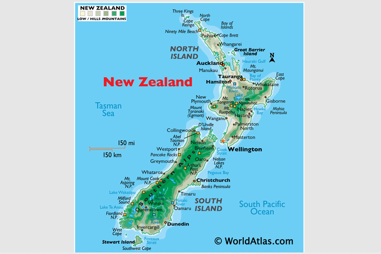 Peta negara Selandia Baru atau New Zealand.