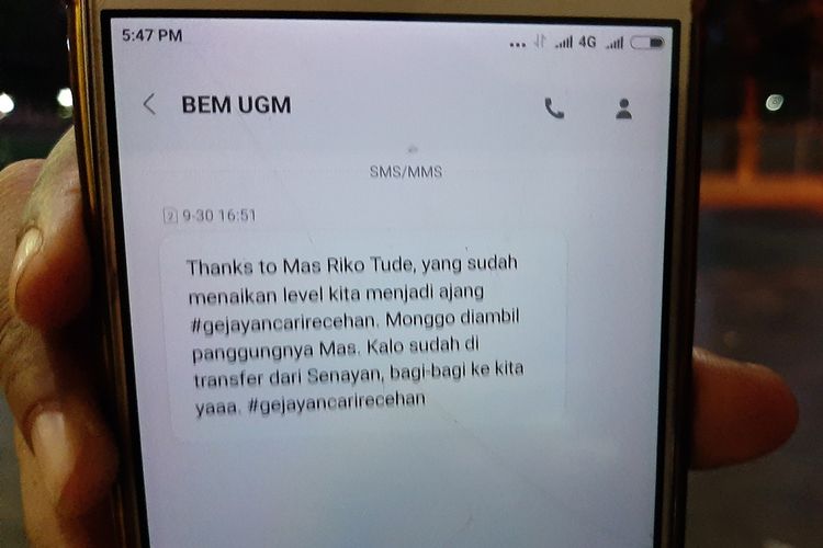 SMS hoaks yang beredar mengatasnamakan BEM-KM UGM. SMS ini beredar usai aksi #GejayanMemanggil2 di Yogyakarta berakhir.