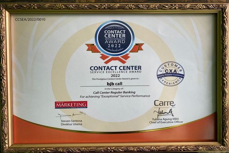Sertifikat Contact Center Service Excellence Award