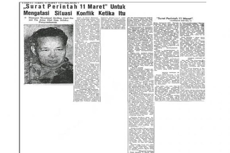 Dokumen pemberitaan KOMPAS, 11 Maret 1971, mengenai pernyataan Soeharto yang menjelaskan keluarnya Surat Perintah 11 Maret.