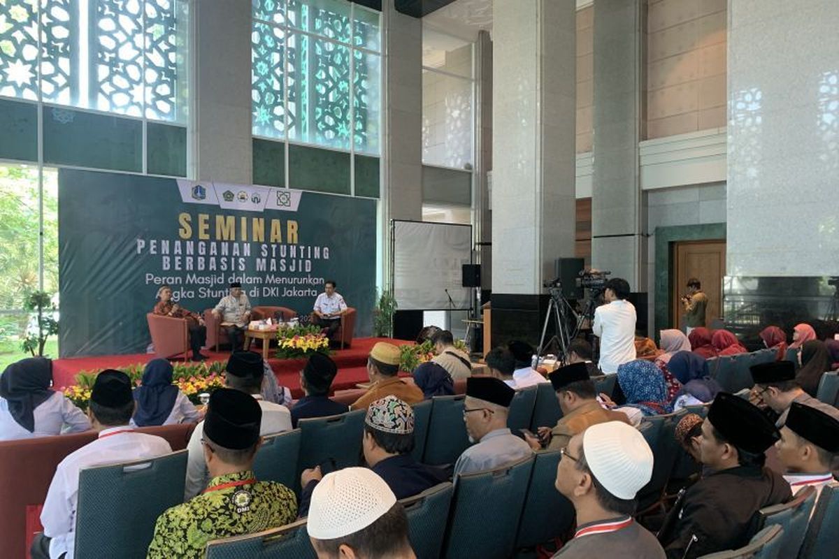 Suasana seminar bertajuk Penanganan Stunting Berbasis Masjid yang diselenggarakan Pusat Pengkajian Perkembangan Islam Jakarta (PPIJ) di Jakarta Islamic Center (JIC), Rabu (31/7/2024).