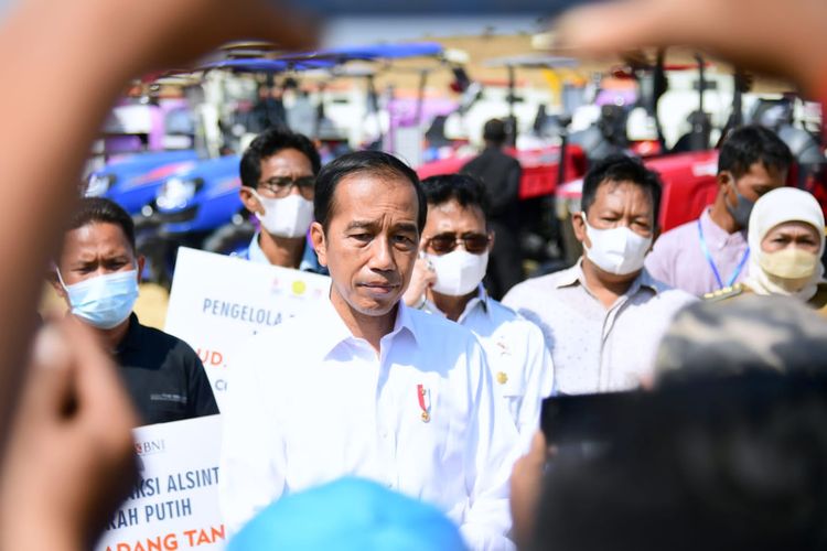 Presiden Joko Widodo memberikan keterangan pers usai meluncurkan food estate mangga di Gresik, Senin (22/8/2022).
