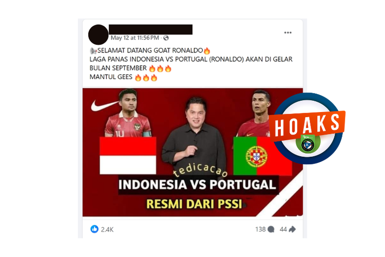 Hoaks, PSSI pada Mei 2024 Pastikan Indonesia Vs Portugal Digelar September