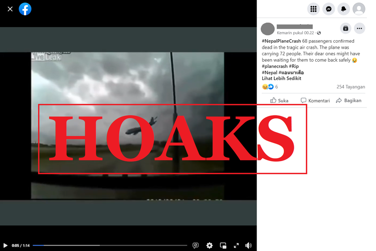 Tangkapan layar unggahan dengan narasi salah konteks di sebuah akun Facebook, Senin (16/1/2023), video kecelakaan di Nepal. Ternyata itu adalah kecelakaan pesawat kargo di Afganistan pada Mei 2013.