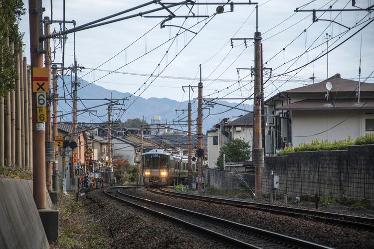 Ilustrasi jalur kereta lokal Sagano melewati kawasan Arashiyama. 