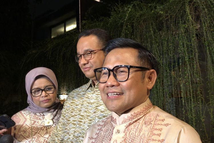 Ketua Umum PKB Muhaimin Iskandar di kediaman capres nomor urut 1 Anies Baswedan di Lebak Bulus, Jakarta Selatan, Selasa (16/4/2024). 