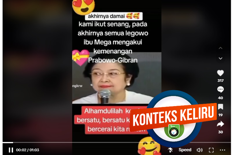Tangkapan layar TikTok, video yang mengeklaim Megawati mengakui kemenangan Prabowo-Gibran