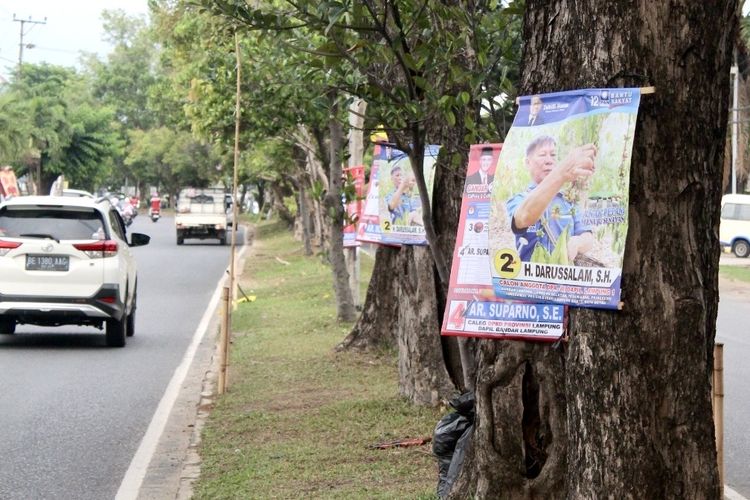 Pohon-pohon di Jalan Sultan Agung, Bandar Lampung yang dicemari iklan kampanye, Kamis (4/1/2023).