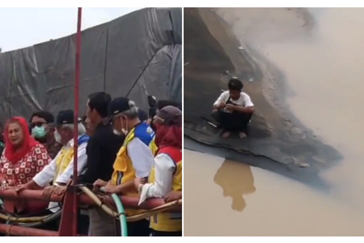 Tangkapan layar video yang memperlihatkan Menteri Pekerjaan Umum dan Perumahan Rakyat (PUPR) Basuki Hadimuljono dan Pelaksana Tugas (Plt) Wali Kota Semarang Hevearita Gunaryanti Rahayu atau Ita sedang meninjau sebuah jembatan. Rupanya, di bawah jembatan terlihat seorang pria yang diduga sedang memancing.