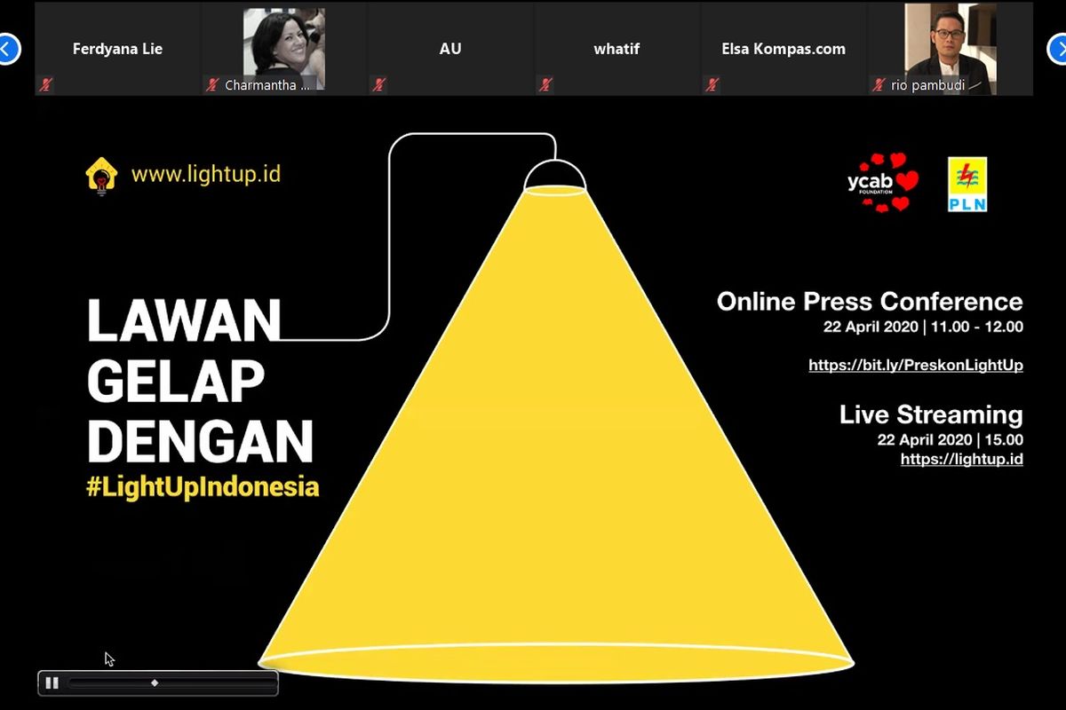 Konferensi pers daring YCAB Foundation #LightUpIndonesia, Rabu (22/4/2020), ajak masyarakat donasi biaya listik untuk keluarga prasejahtera.