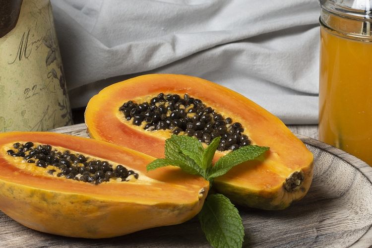 Ilustrasi buah pepaya, biji pepaya. 