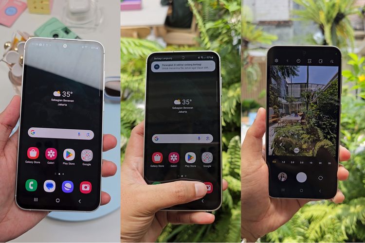 Galaxy S23 FE mengusung layar Dynamic AMOLED 2X 6,4 inci dengan resolusi Full HD Plus, adaptif refresh rate 60-120 Hz, serta tingkat kecerahan puncak (peak brightness) 1.450 nits. Saat digunakan di luar ruangan saat siang hari (bukan di bawah sinar matahari langsung), layar Galaxy S23 FE masih aman dan nyaman dilihat oleh mata, seperti gambar ini. Ketiga foto ini menunjukkan layar Galaxy S23 FE dengan tingkat kecerahan yang sama. Foto paling kiri diambil di dalam ruangan dengan paparan sinar ring light. Sementara dua foto lainnya diambil di luar ruangan. 