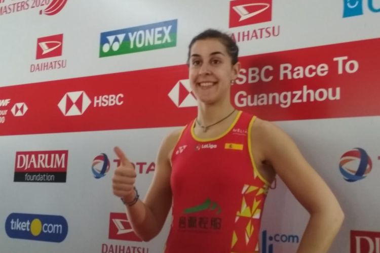 Pebulu tangkis tunggal putri Spanyol, Carolina Marin, seusai melakoni laga final Indonesia Masters 2020 di Istora Senayan, Minggu 19 Januari 2020.