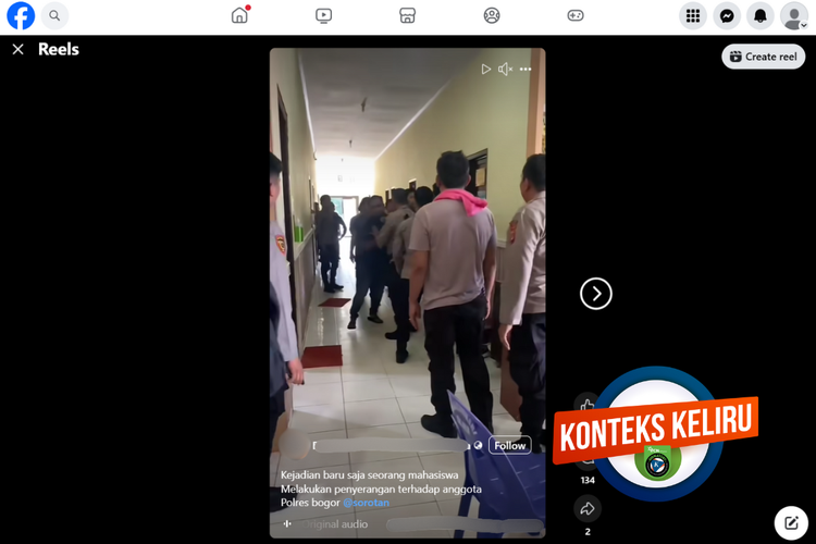 Tangkapan layar konten dengan konteks keliru di sebuah akun Facebook, 26 Maret 2025, mengenai seorang mahasiswa menyerang anggota Polres Bogor.