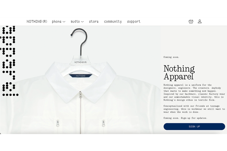 Nothing Apparel yang muncul di laman resmi Nothing