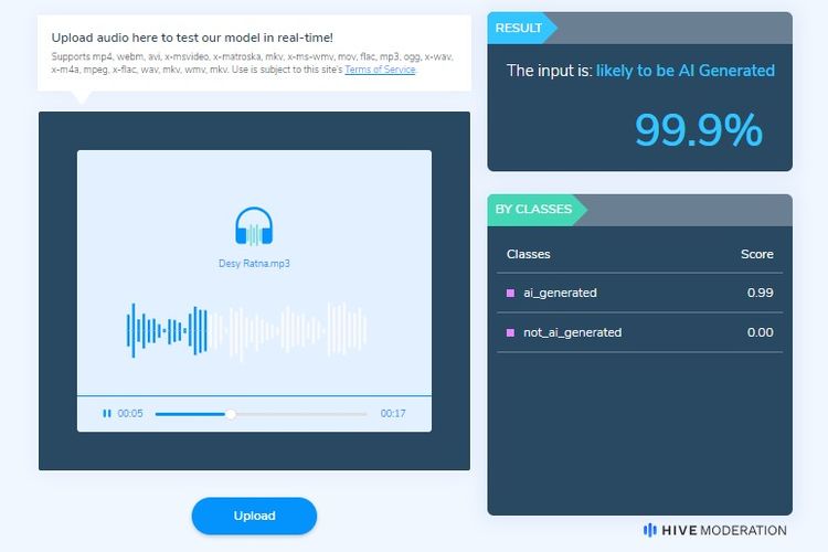 Hasil pemeriksaan Hive Moderation terhadap suara Desy Ratnasari