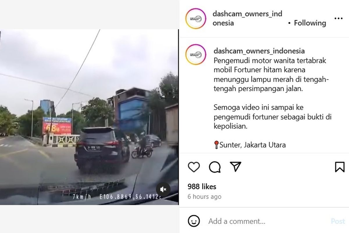 Kejadian tertabraknya kendaraan yang berhenti setelah garis putih, terekam dalam unggahan Instagram @dashcam_owners_indonesia (14/10/2024).