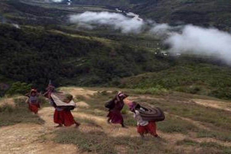 Perempuan menggunakan noken (tas khas Papua) mambawa beban berat melewati bukit terjal di Distrik Kurima, Kabupaten Yahukimo, Papua, Kamis (3/5/2012). Tas khas Papua yang terbuat dari rajutan kulit kayu diusulkan untuk menjadi warisan budaya dunia ke UNESCO. 
