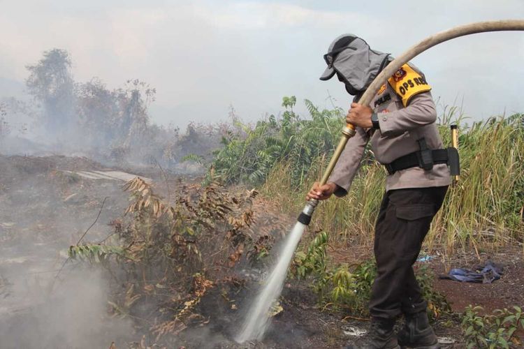 Kapolres Bengkalis, AKBP Setyo Bimo Anggoro saat berjibaku memadamkan api karhutla di Kabupaten Bengkalis, Riau, beberapa waktu lalu.