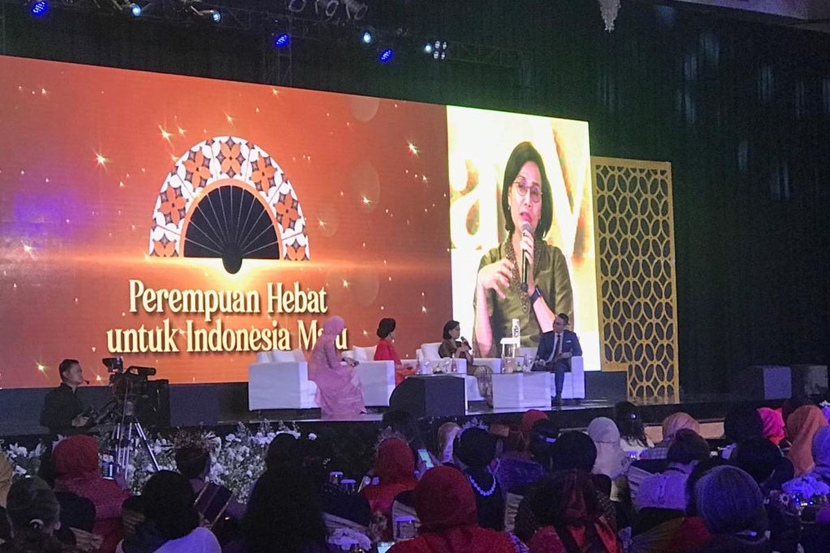 Menteri Keuangan Sri Mulyani saat acara Badan Pembinaan Ideologi Pancasila (BPIP) yang bertajuk Perempuan Hebat untuk Indonesia Maju di Hotel Ritz Carlton, SCBD, Jakarta, Minggu (22/12/2019).