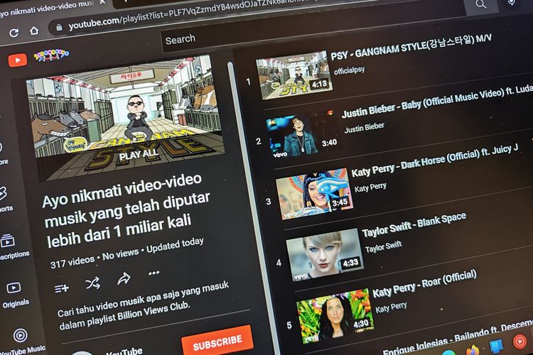 Daftar playlist YouTube Indonesia yang menamoilkan ratusan video musik yang sudah ditonton lebih dari 1 miliar kali.