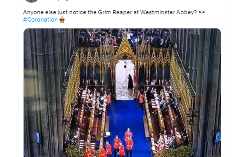 Tangkapan layar twit soal sosok mirip Grim Reaper di upacara penobatan Raja Charles III