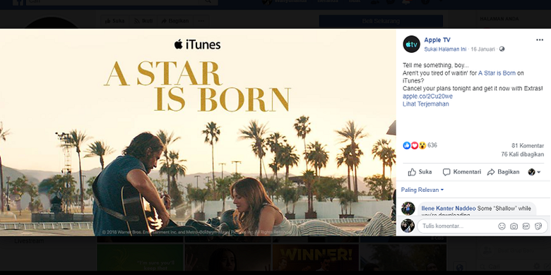 Salah satu konten di laman Facebook iTunes yang bermigrasi ke laman Facebook Apple TV