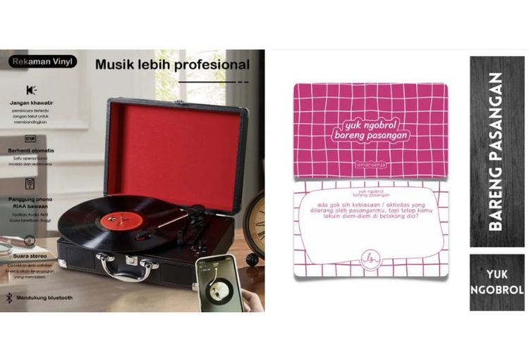 (Kiri-Kanan) Bluetooth Turntable dengan Speaker Vintage Phonograph - Kartu permainan yuk ngobrol bareng pasangan. 