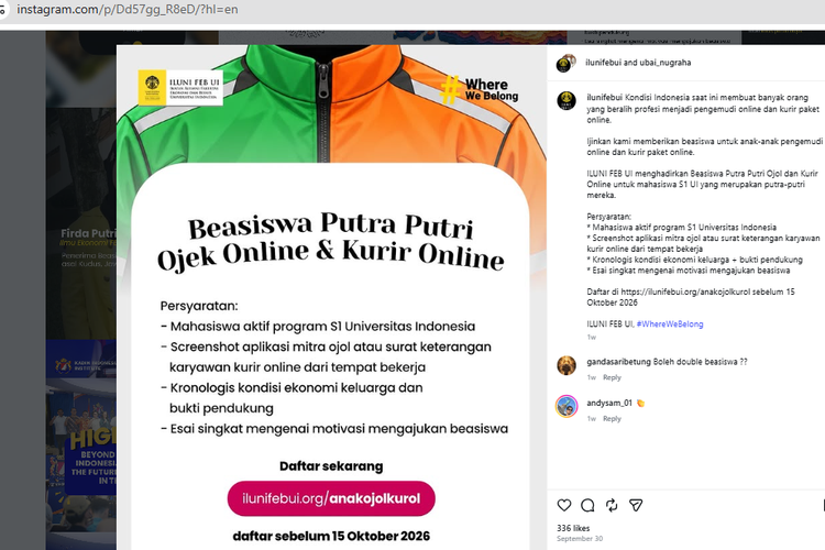 Beasiswa untuk Mahasiswa S1 UI Anak Pengemudi Ojol dan Kurir Online dari ILUNI FEB, Buka sampai 15 Oktober